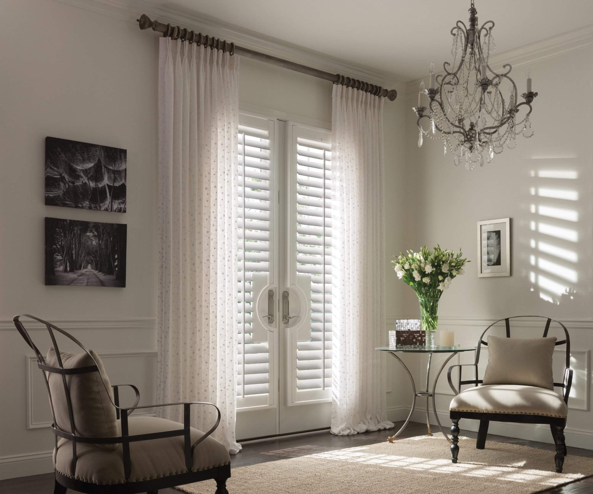 Wood Shutters Snow White. Drapery with Pinch Pleat Diamante, Crystal.